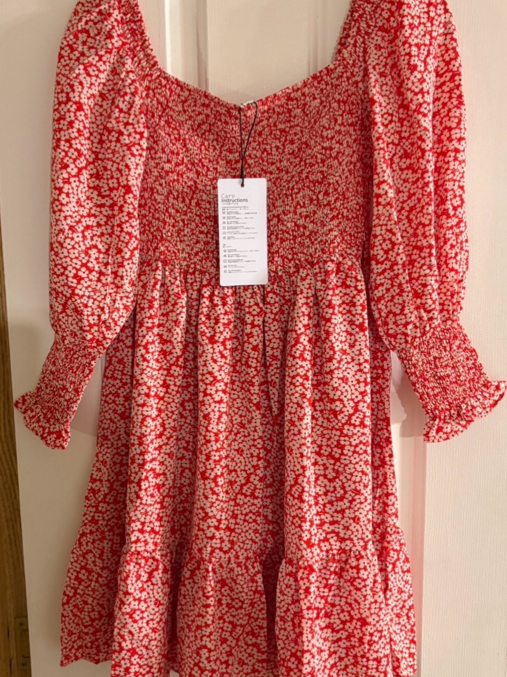 Red and White Floral Smocked Women’s Dress